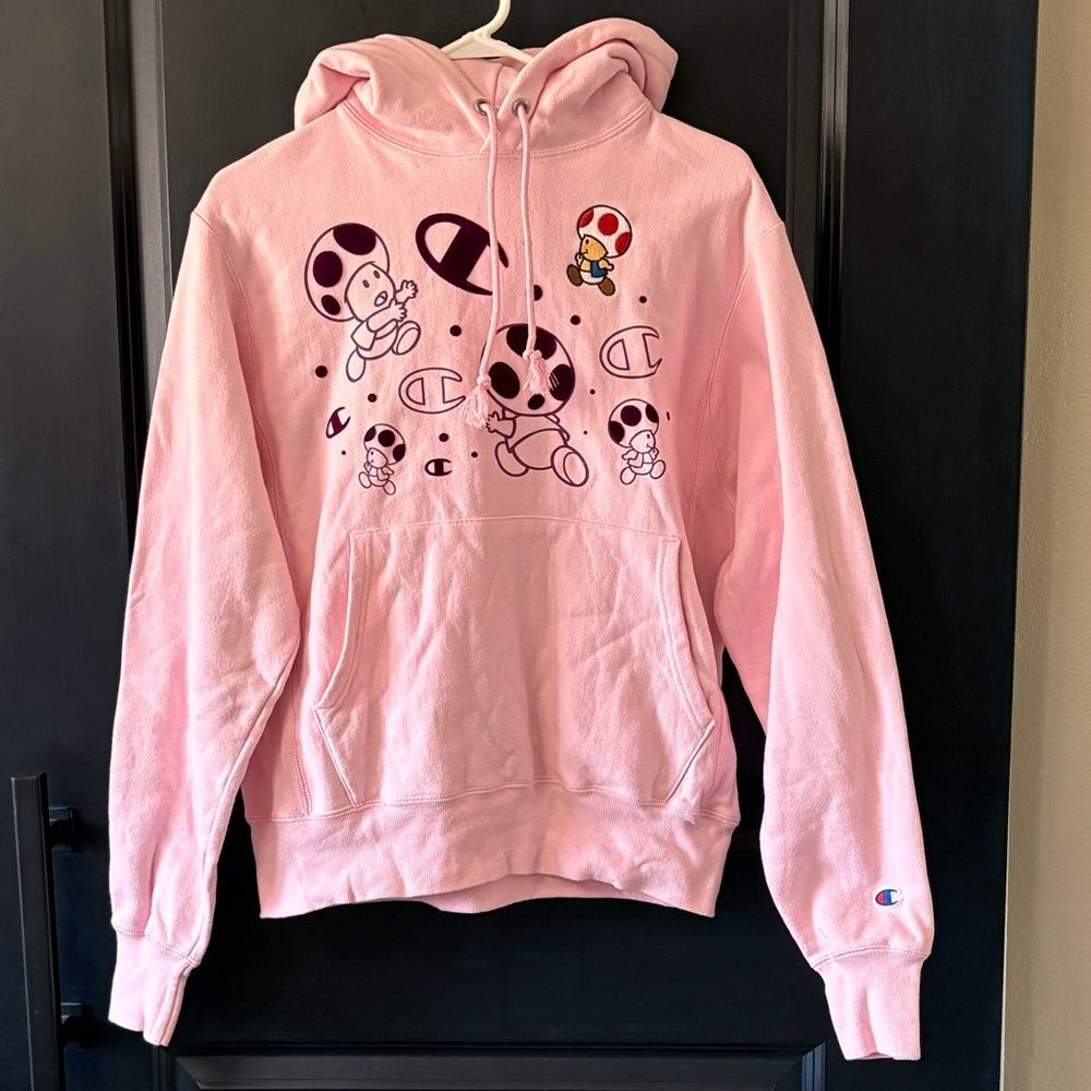 Champion Super Mario Bros Toad Reverse Weave Pullover Hoodie Pink Mushroom 🍄